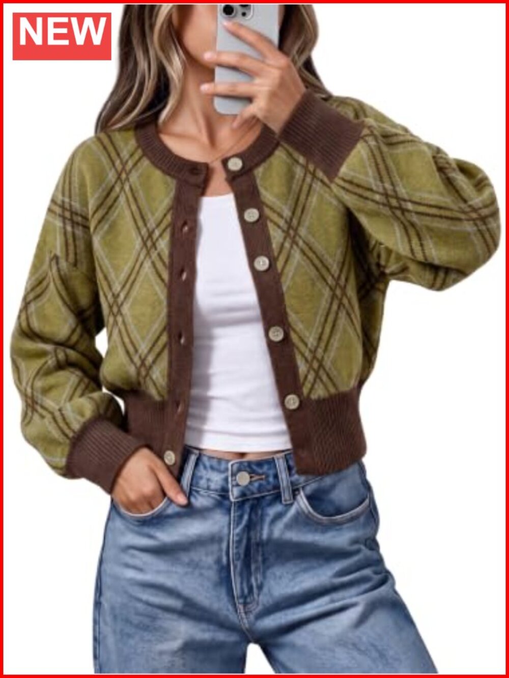 Womens Cropped Argyle Plaid Cardigan Sweater Button Down Long Sleeve